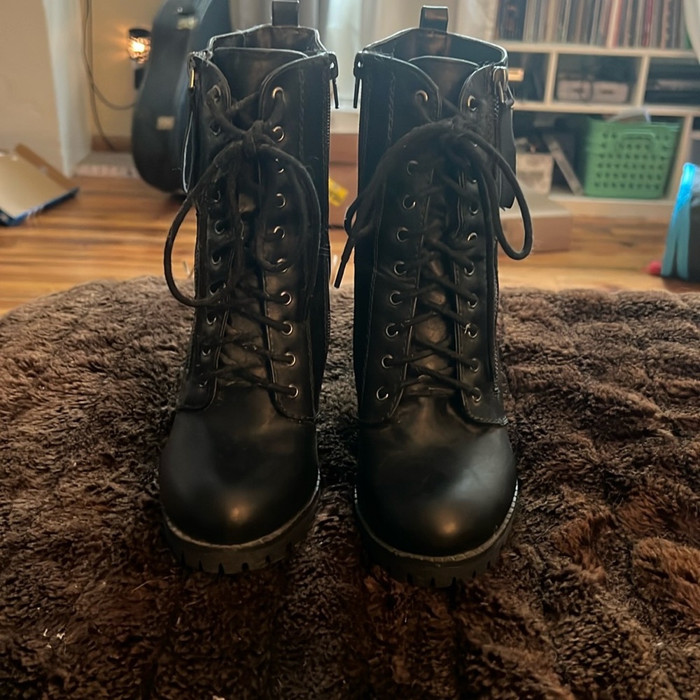 Soda Women’s Vegan Lace up Chunky Sole Combat Boots with 3” heel